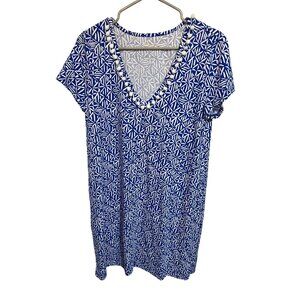 Lilly Pulitzer Blue & White Geometric Print Pom-Pom Trim V-Neck Dress